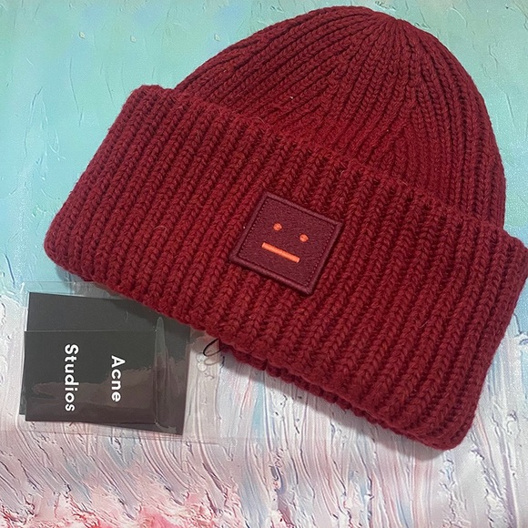 Acne Studios Accessories - Unisex Acne Studios Burgundy Smiley Face Knit Hat